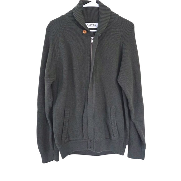 Orvis 100% Wool Zip Up Sweater Mens Dark Green Ribbed Knit Large - Picture 2 of 10